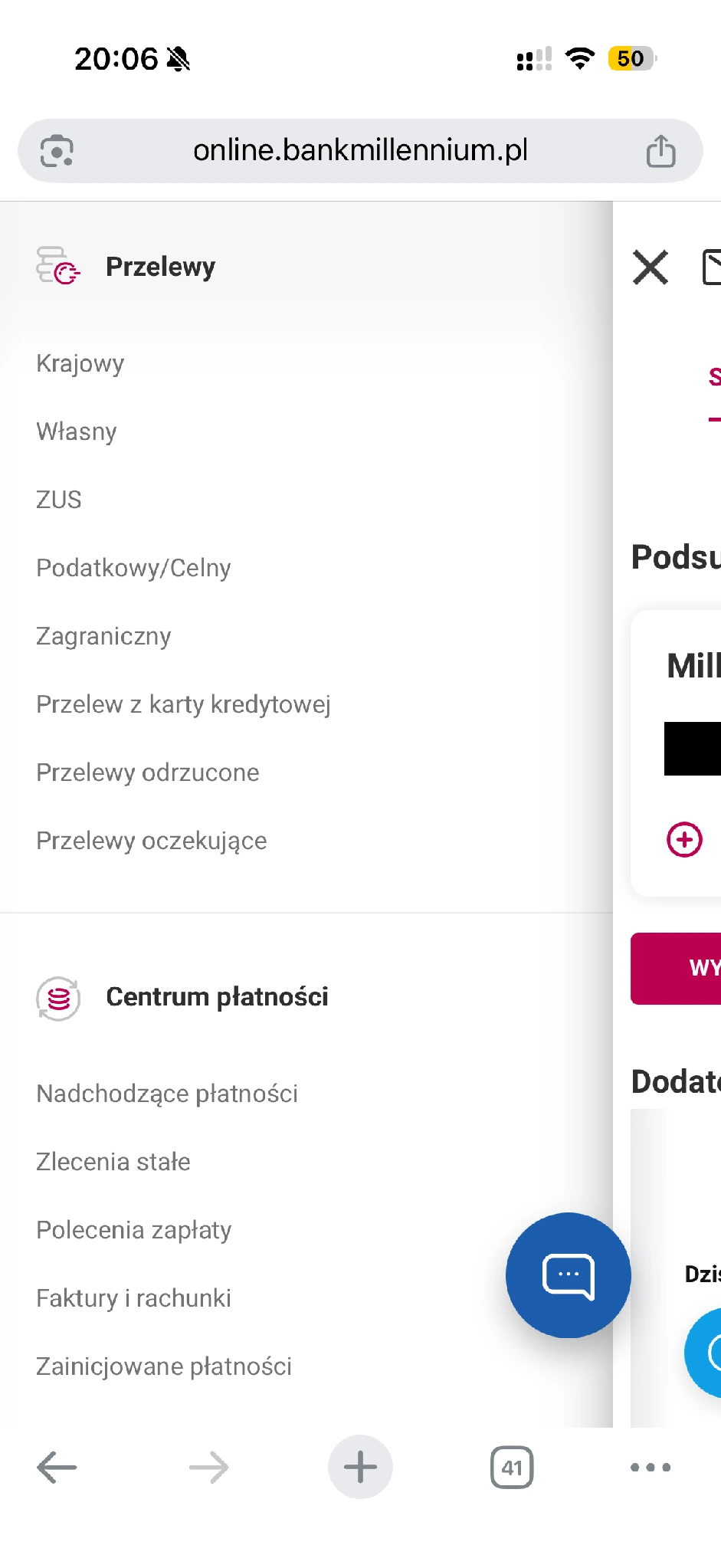 Centrum płatności Millenetu z pozycją Polecenia zapłaty
