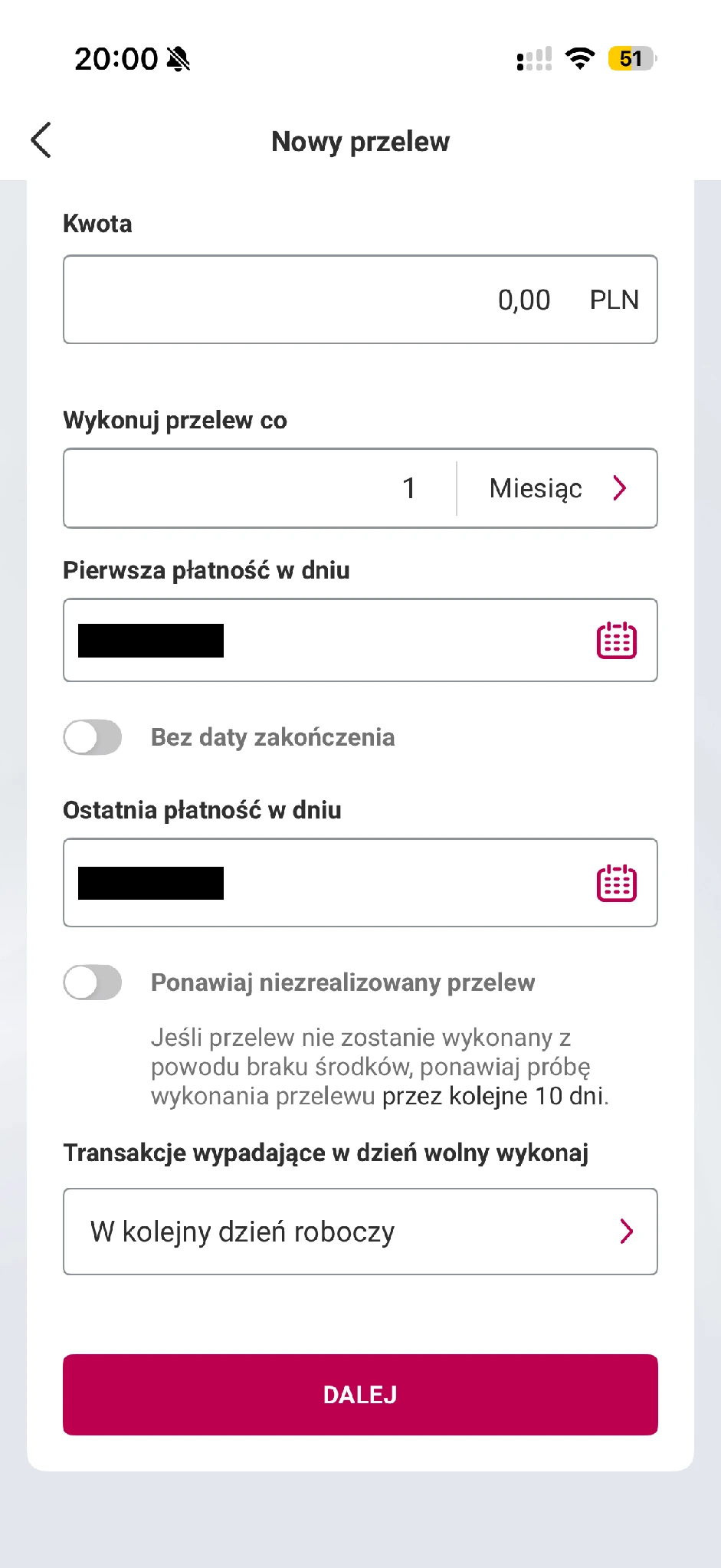 Harmonogram zlecenia stałego, opcja ponawiania i wykonanie w kolejny dzień roboczy