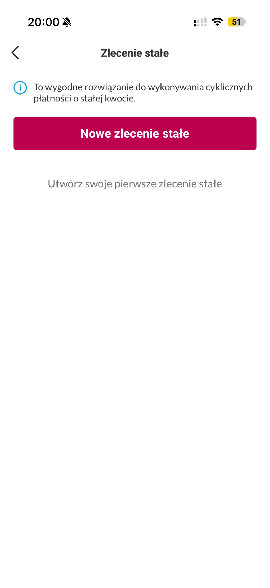 Pusta lista zleceń stałych w aplikacji Millennium i przycisk tworzenia nowego