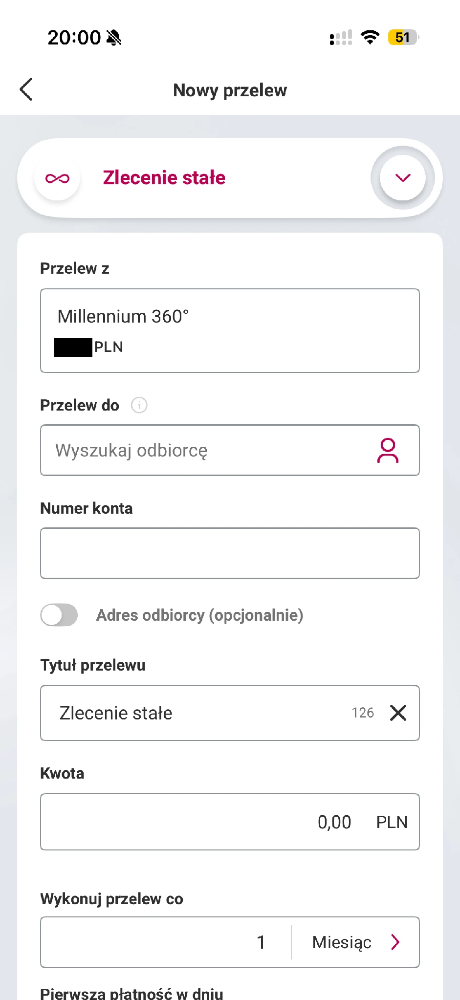 Formularz zlecenia stałego Millennium z odbiorcą, rachunkiem, tytułem i kwotą