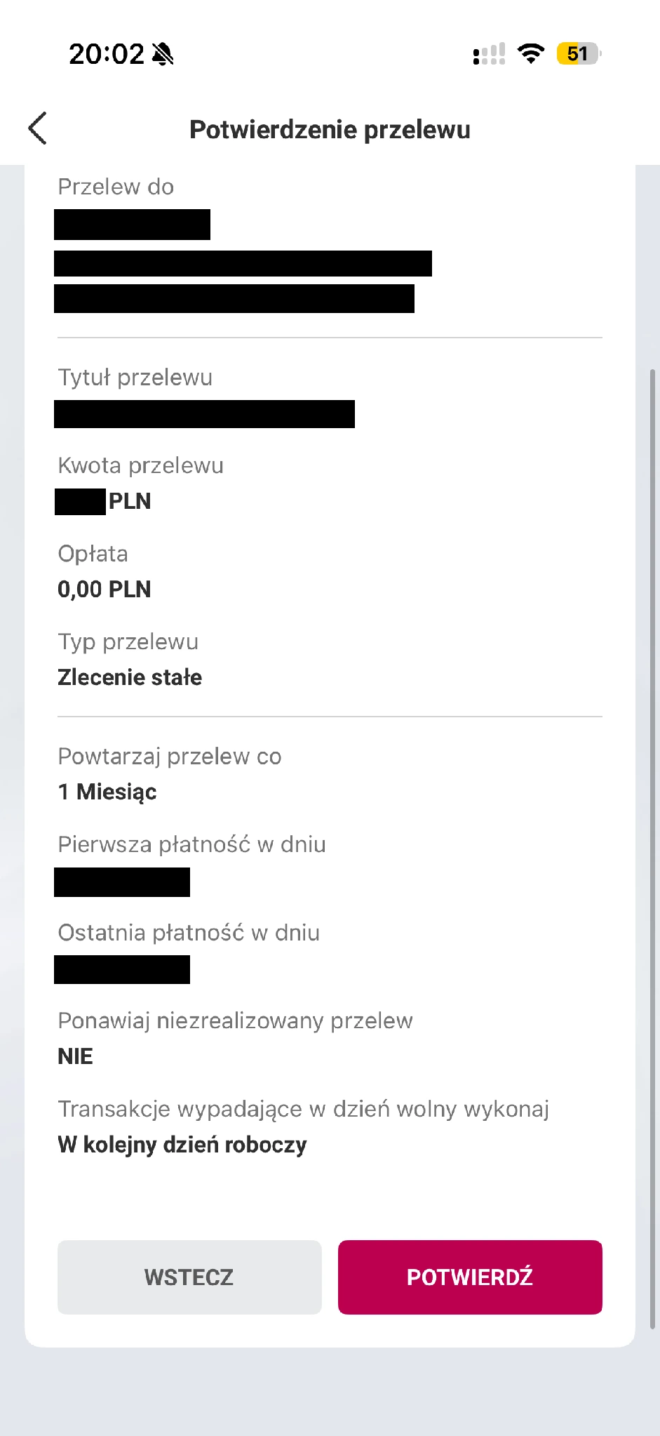 Podsumowanie zlecenia stałego Millennium przed naciśnięciem Potwierdź
