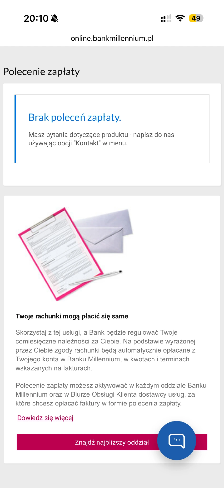 Pusta lista poleceń zapłaty Millennium z informacją o aktywacji u dostawcy lub w oddziale