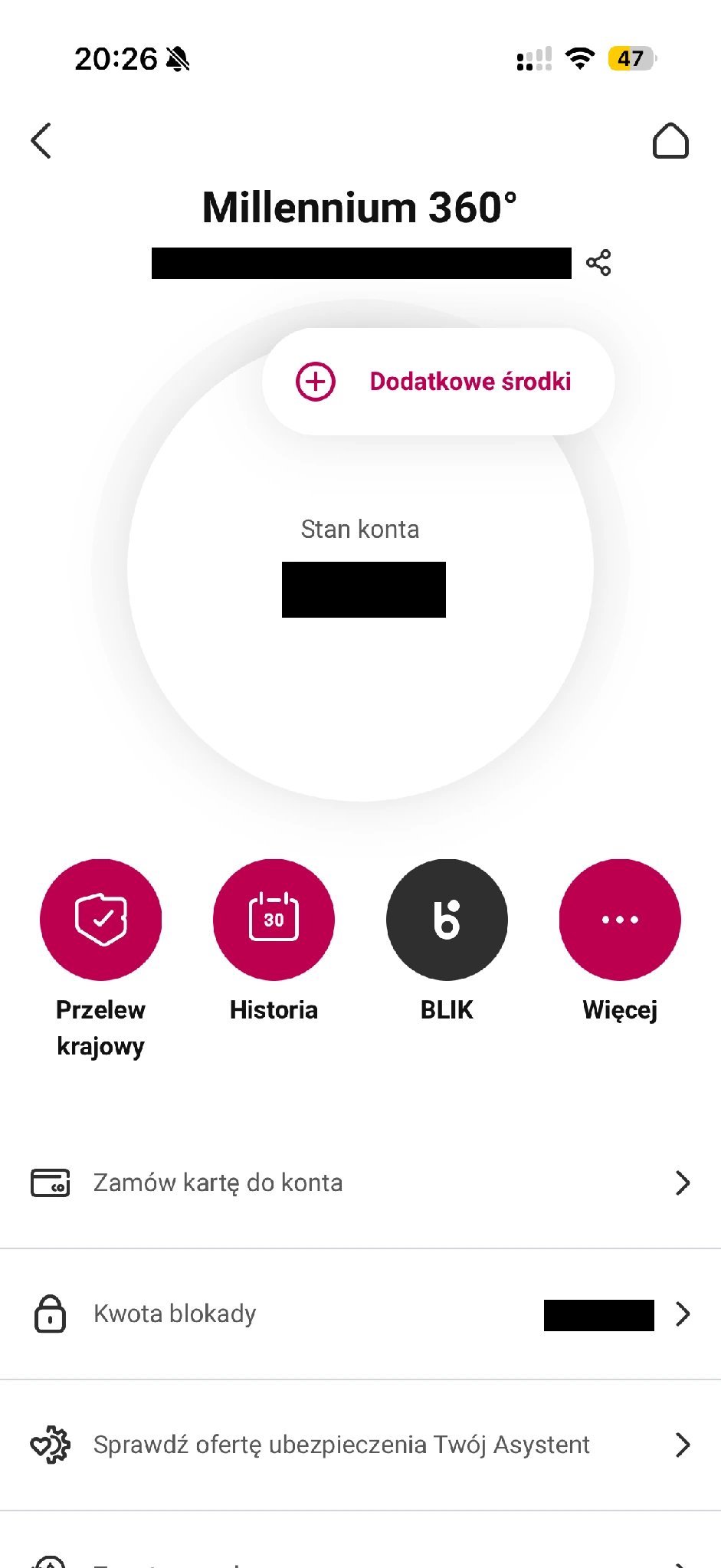 Konto Millennium 360 w aplikacji z opcją Zamów kartę do konta