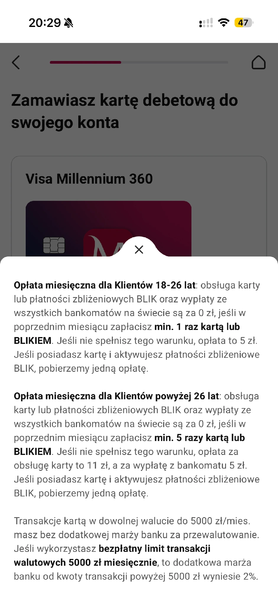 Panel opłat Millennium dla grupy 18 do 26 lat oraz powyżej 26 lat