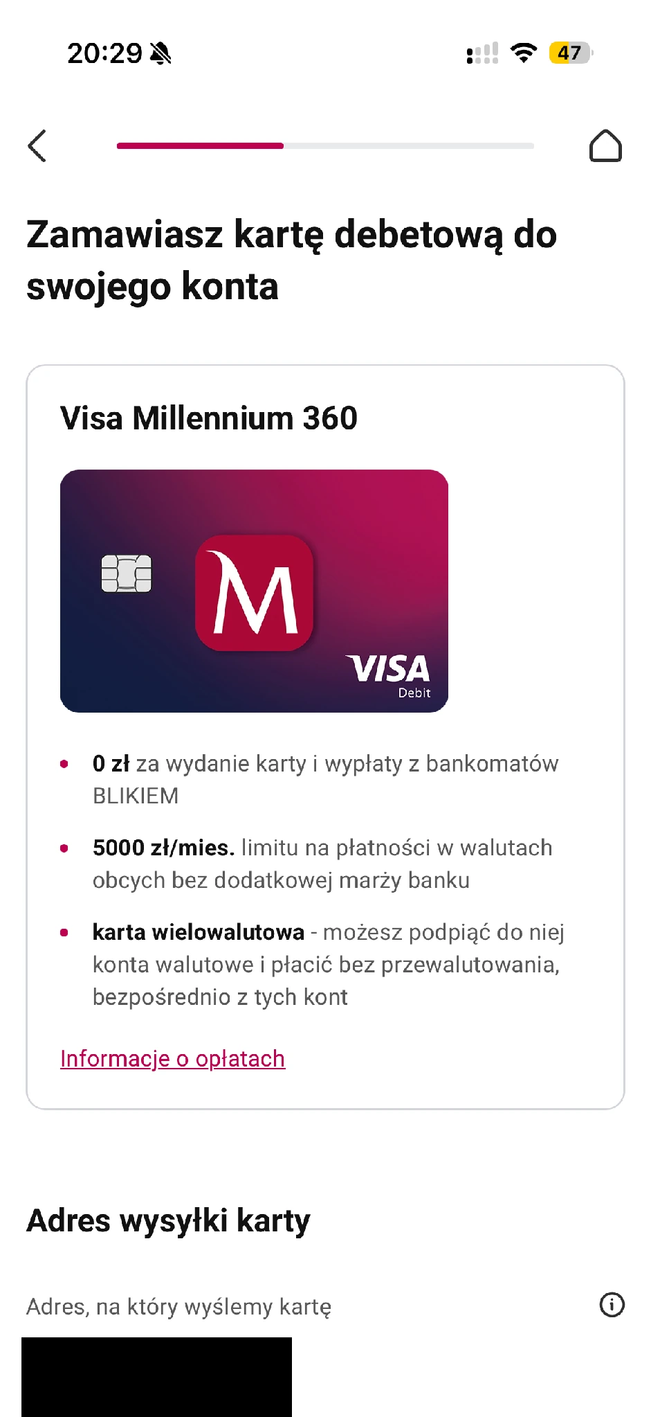 Formularz Visa Millennium 360 z odnośnikiem Informacje o opłatach