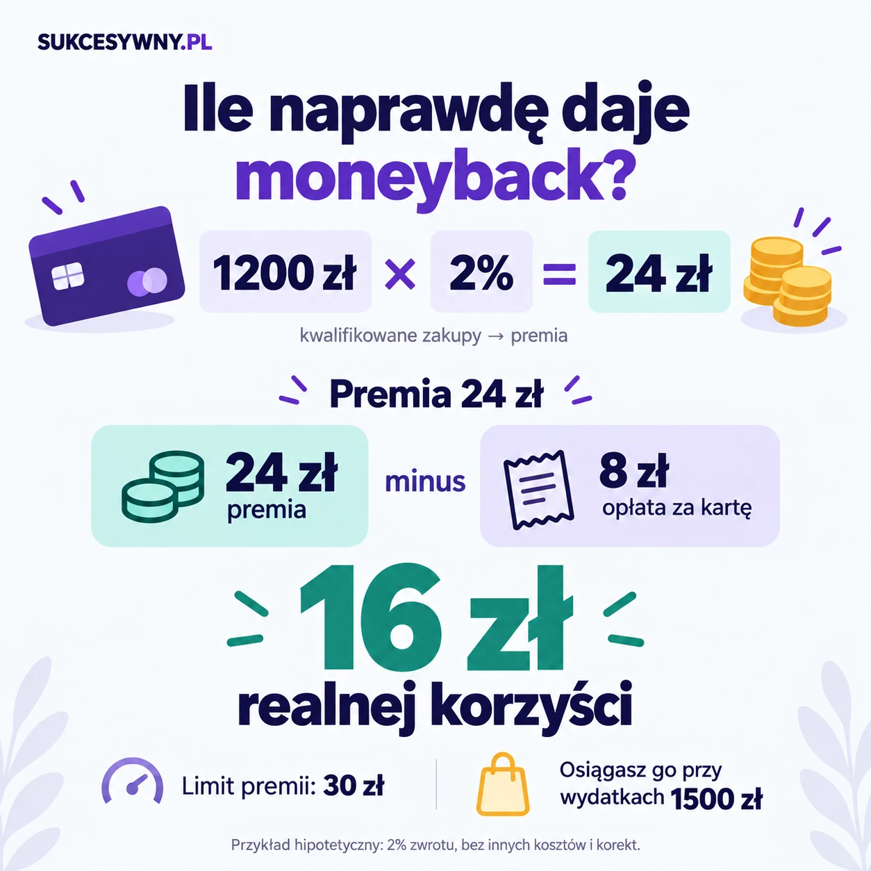 Przykład moneybacku: 1200 zł zakupów przy zwrocie 2% daje 24 zł premii. Po opłacie 8 zł zostaje 16 zł.