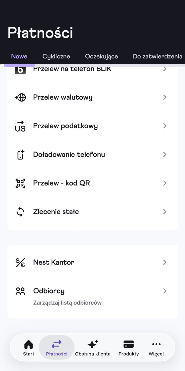 Nest Kantor na liście usług w zakładce Płatności aplikacji Nest Banku