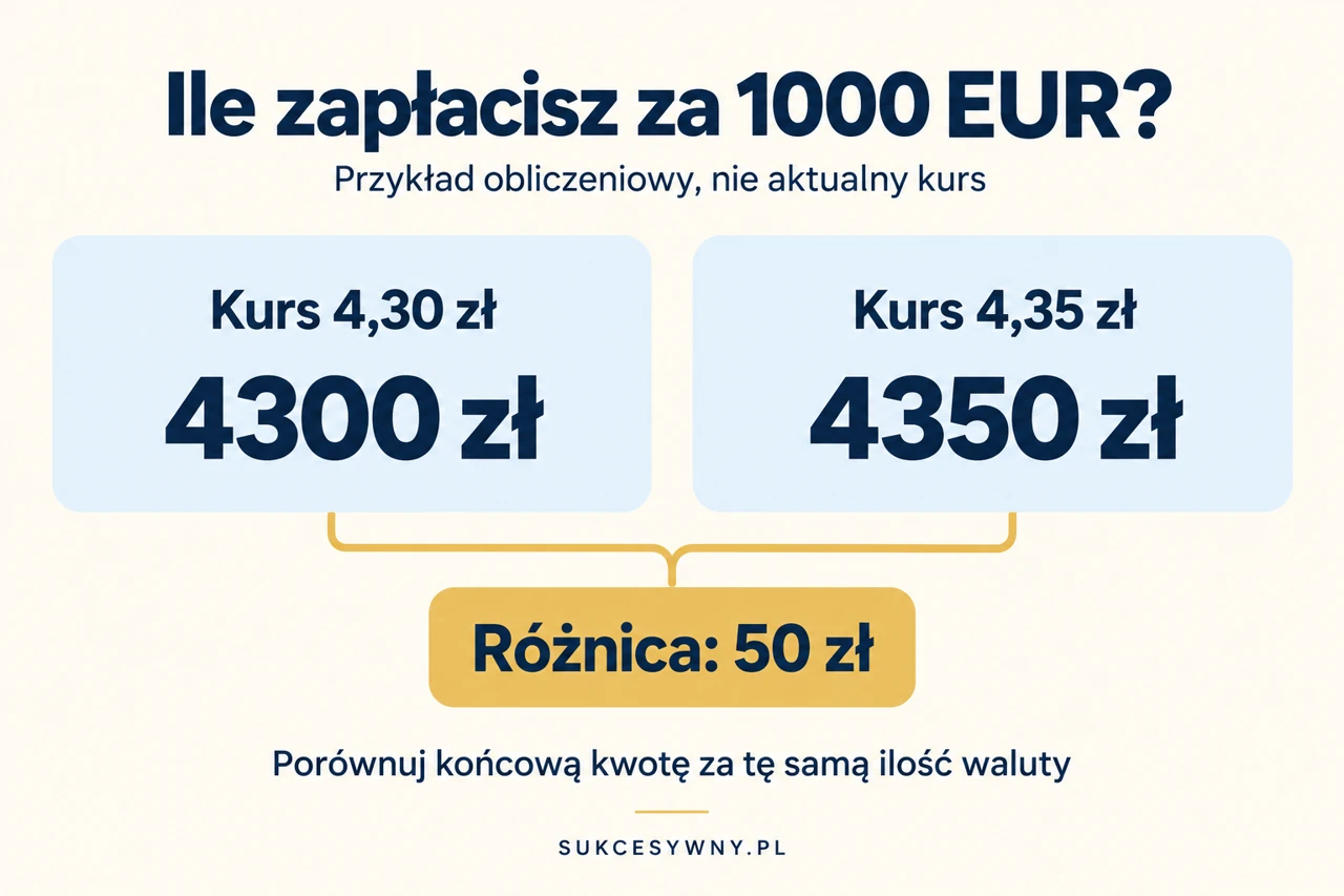 Przykład kosztu zakupu 1000 EUR przy kursie 4,30 i 4,35 zł