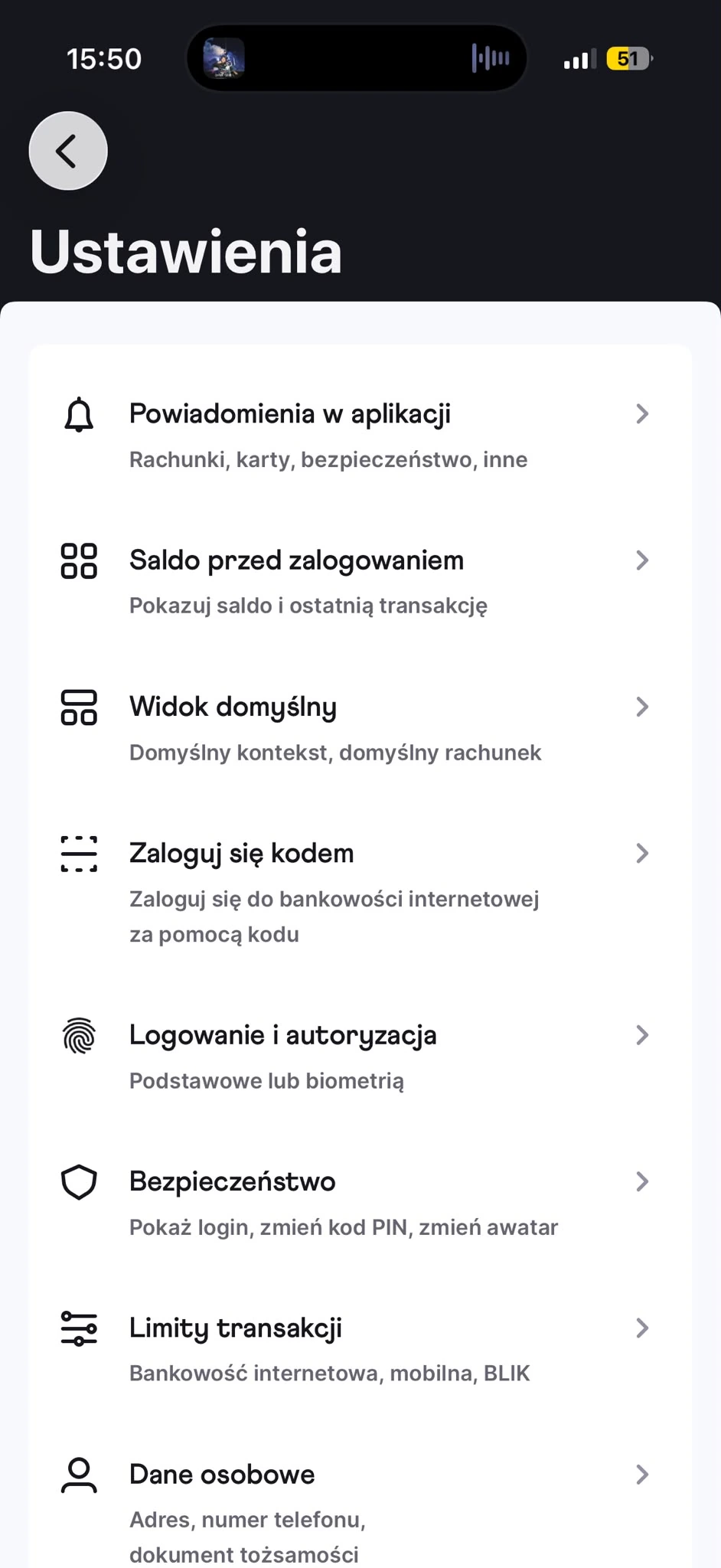 Ustawienia aplikacji Nest Banku z pozycją Limity transakcji