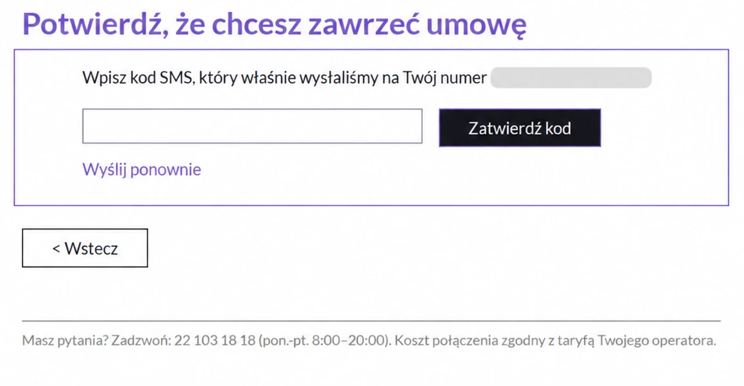 Etap potwierdzenia SMS w internetowym wniosku Nest Banku