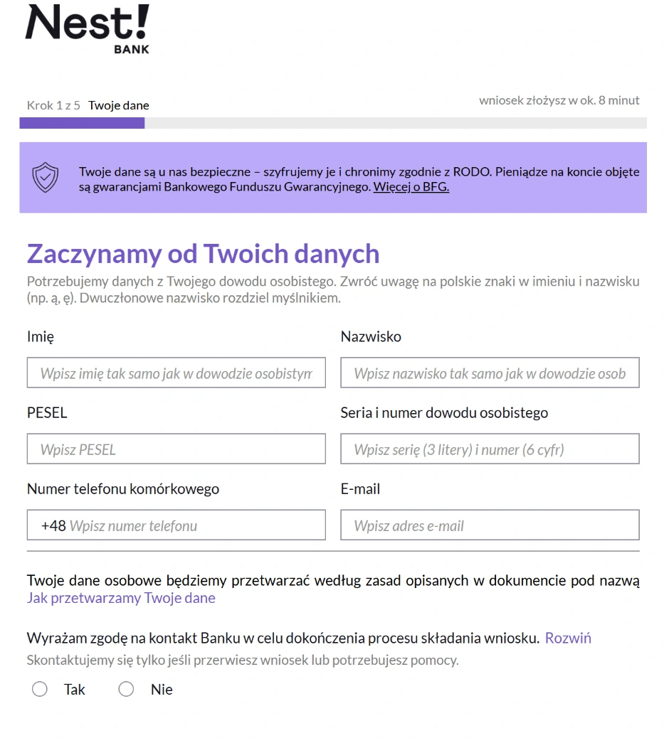Pierwszy etap internetowego wniosku o konto w Nest Banku