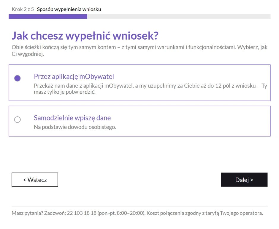 Wybór sposobu uzupełnienia danych przy otwieraniu Nest Konta