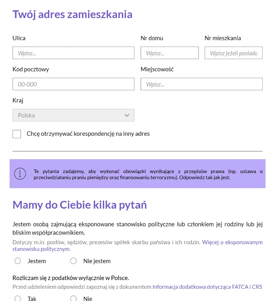 Adres oraz oświadczenia w internetowym formularzu Nest Banku
