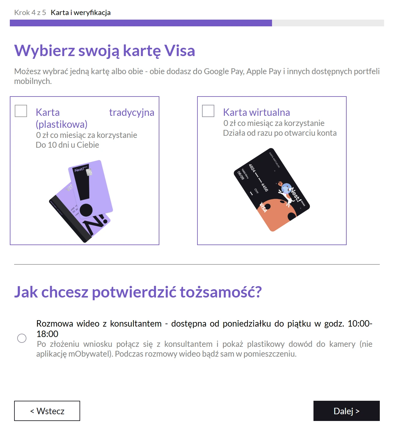 Wybór karty plastikowej i wirtualnej podczas zakładania Nest Konta