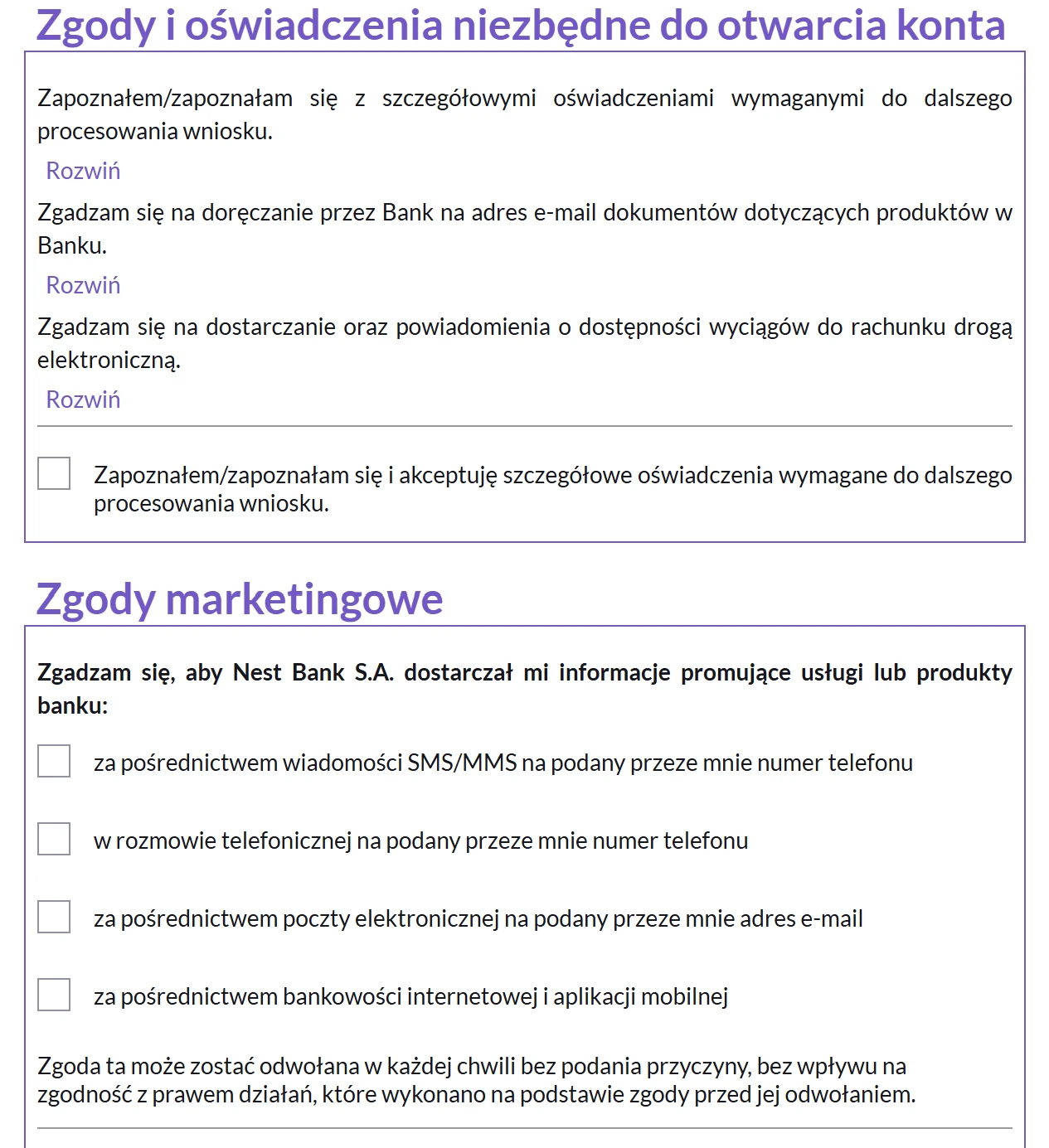 Zgody i dokumenty związane z otwarciem rachunku w Nest Banku