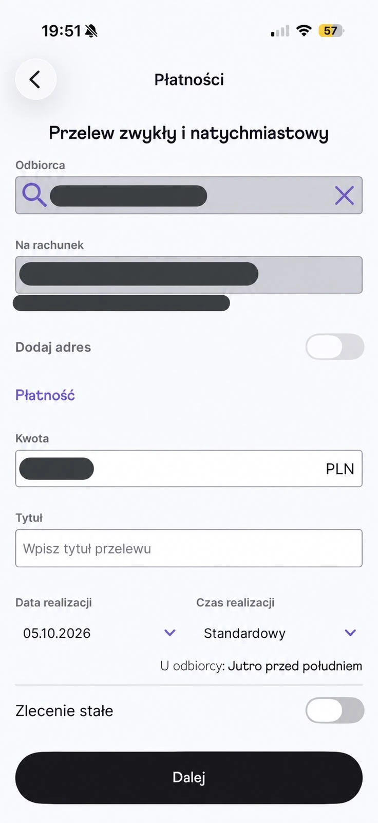 Formularz przelewu w aplikacji Nest Banku z datą i czasem realizacji