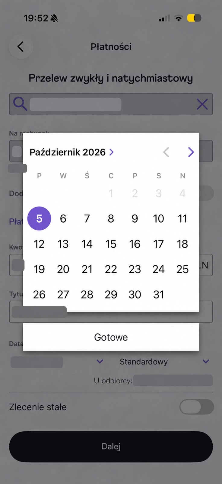 Kalendarz daty realizacji przelewu w aplikacji Nest Banku