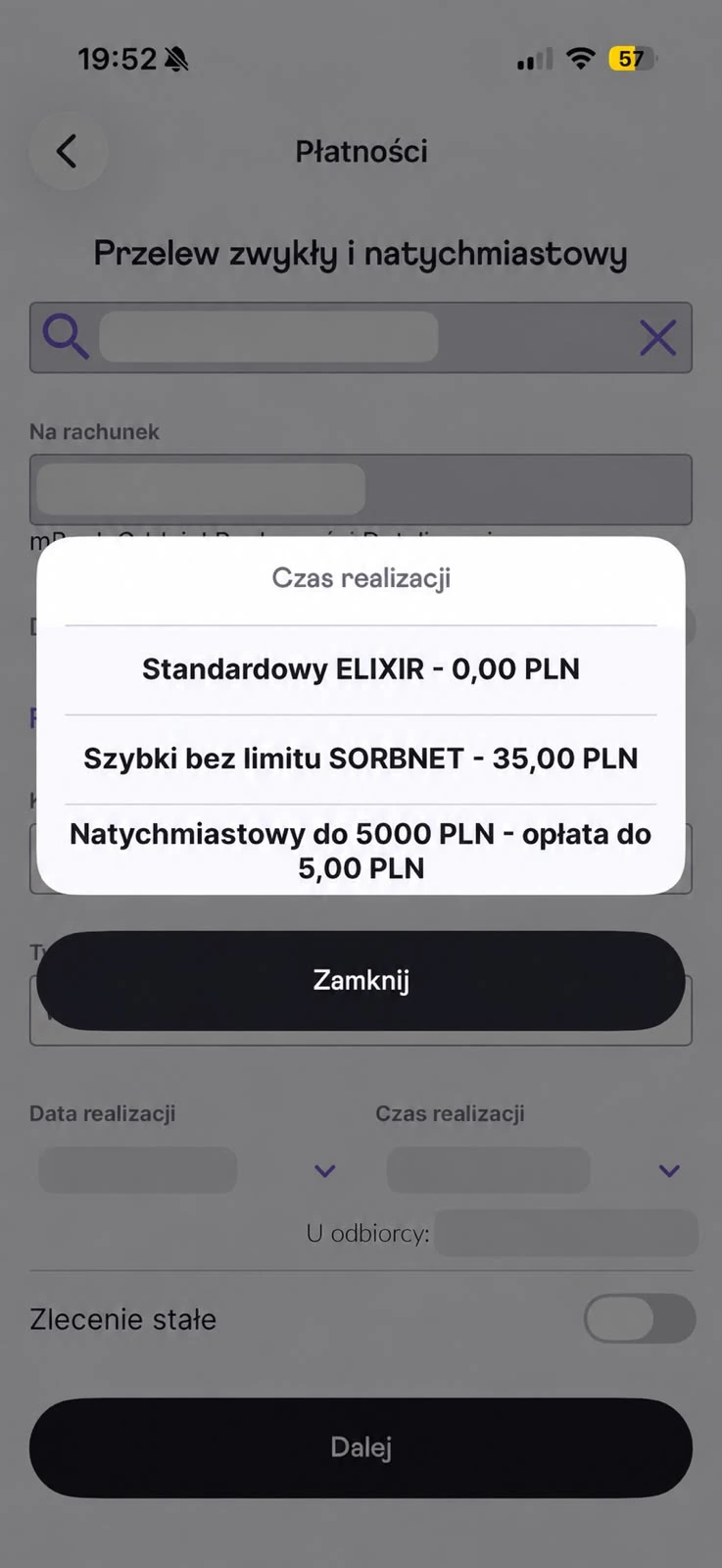 Wybór Elixir, przelewu natychmiastowego i SORBNET w aplikacji Nest Banku
