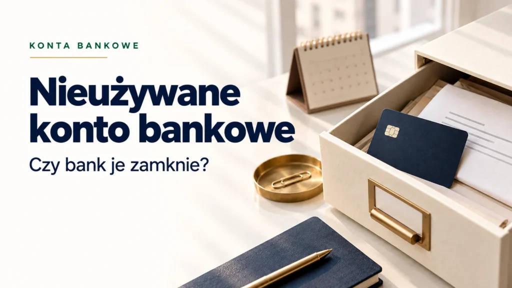 Karta i dokumenty bankowe w szufladzie przy poradniku o nieużywanym koncie.