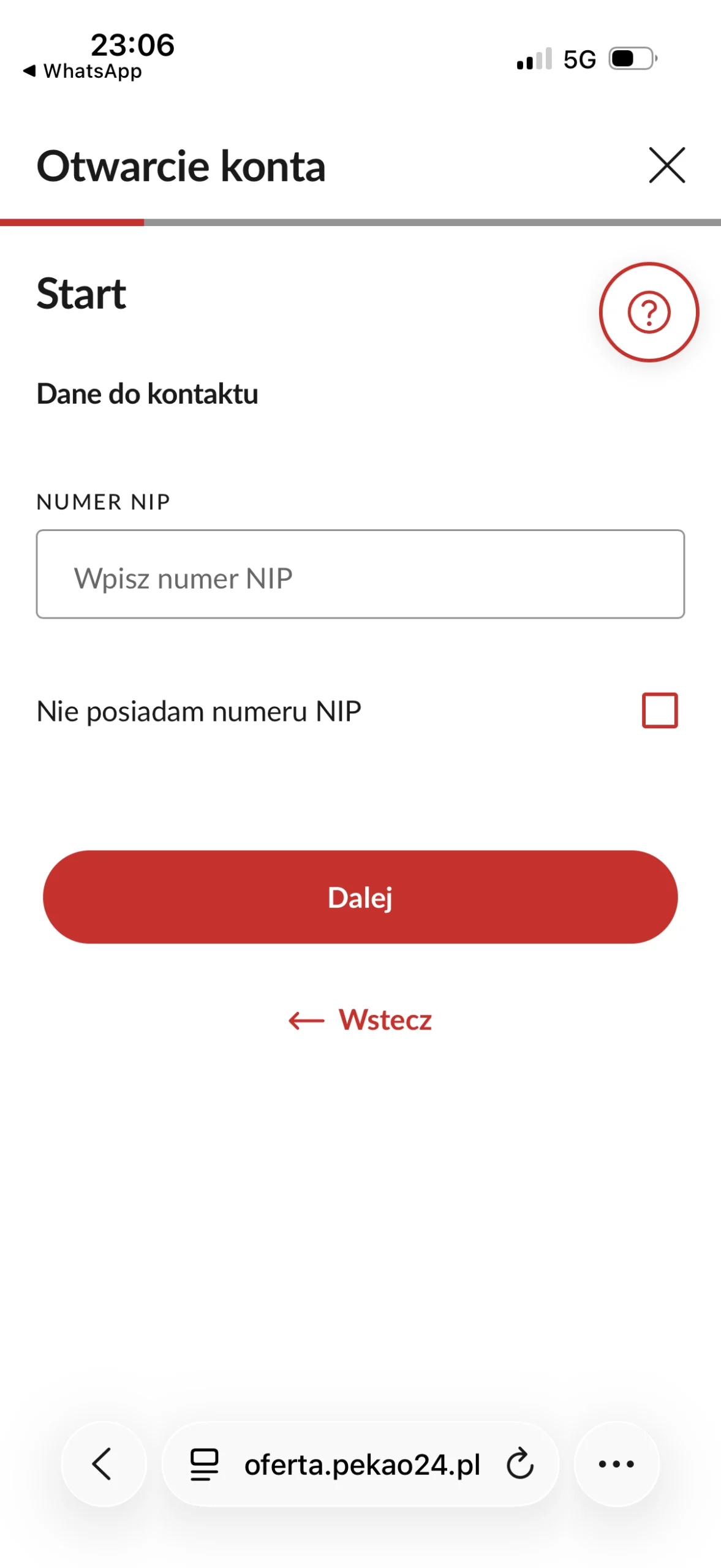 Pekao: początek wniosku o konto firmowe z polem numeru NIP