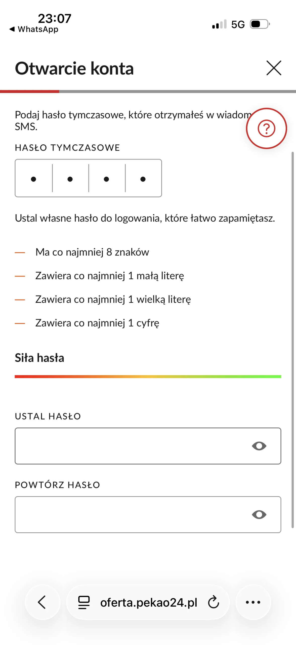 Pekao: potwierdzenie SMS i ustawienie hasła do rozpoczętego wniosku