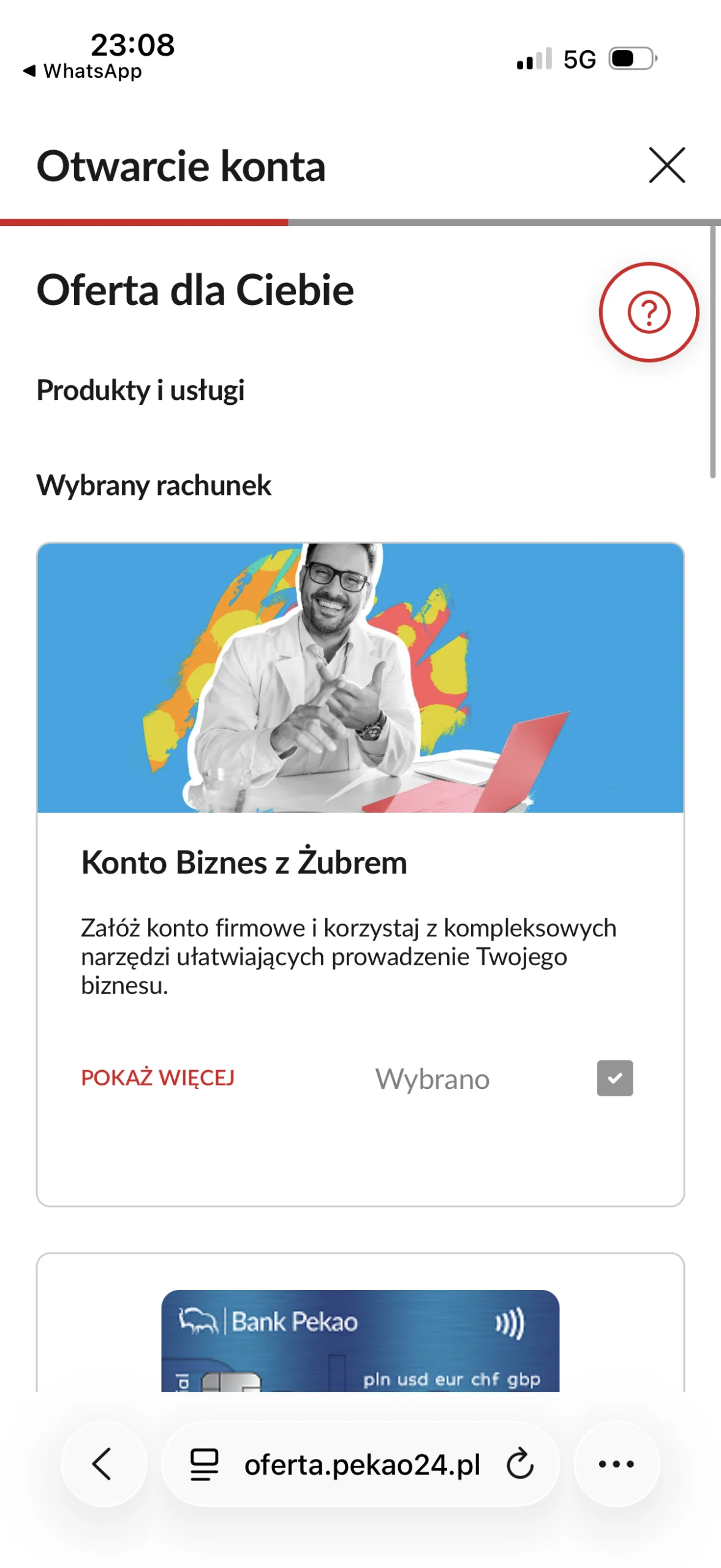 Wybór Konta Biznes z Żubrem w formularzu Pekao