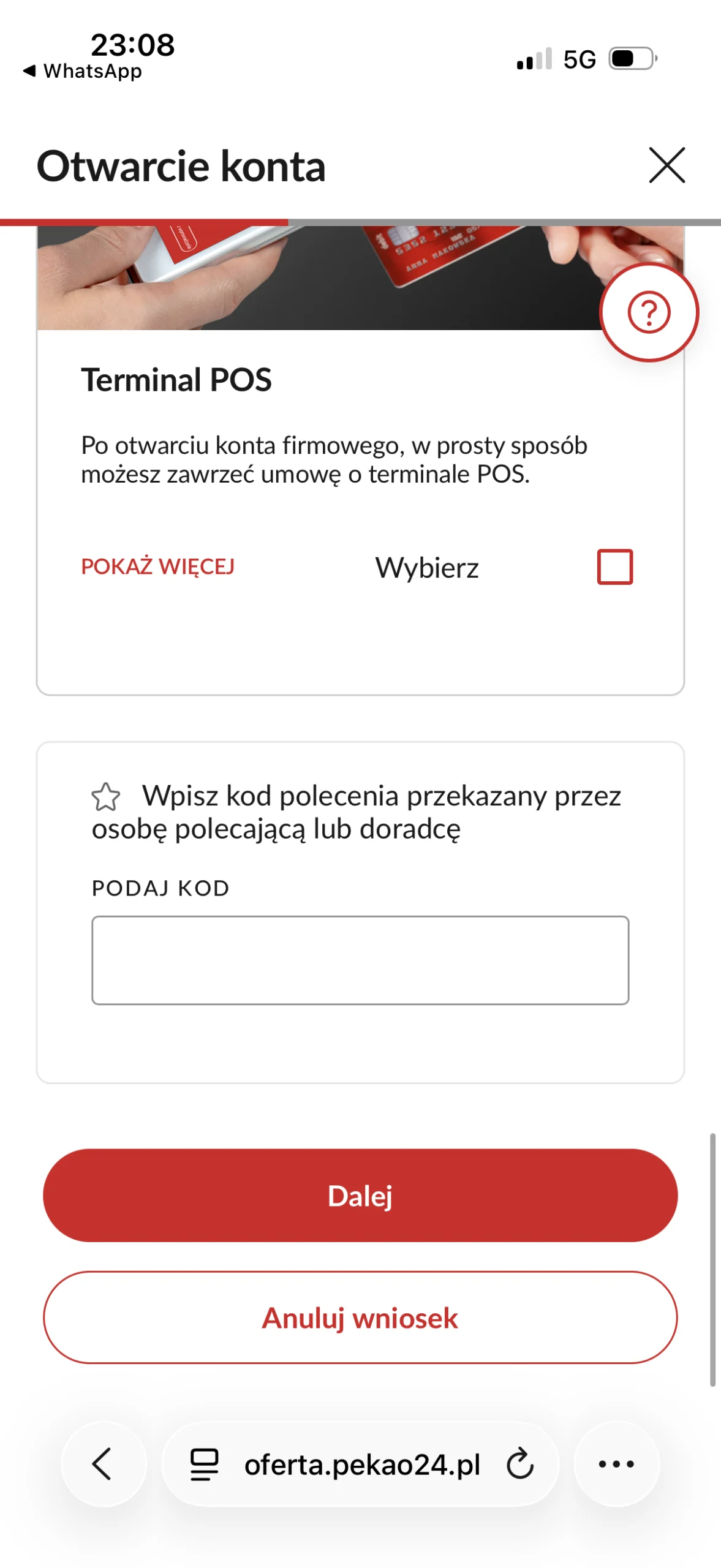 Pekao: opcja terminala POS oraz puste pole kodu polecenia