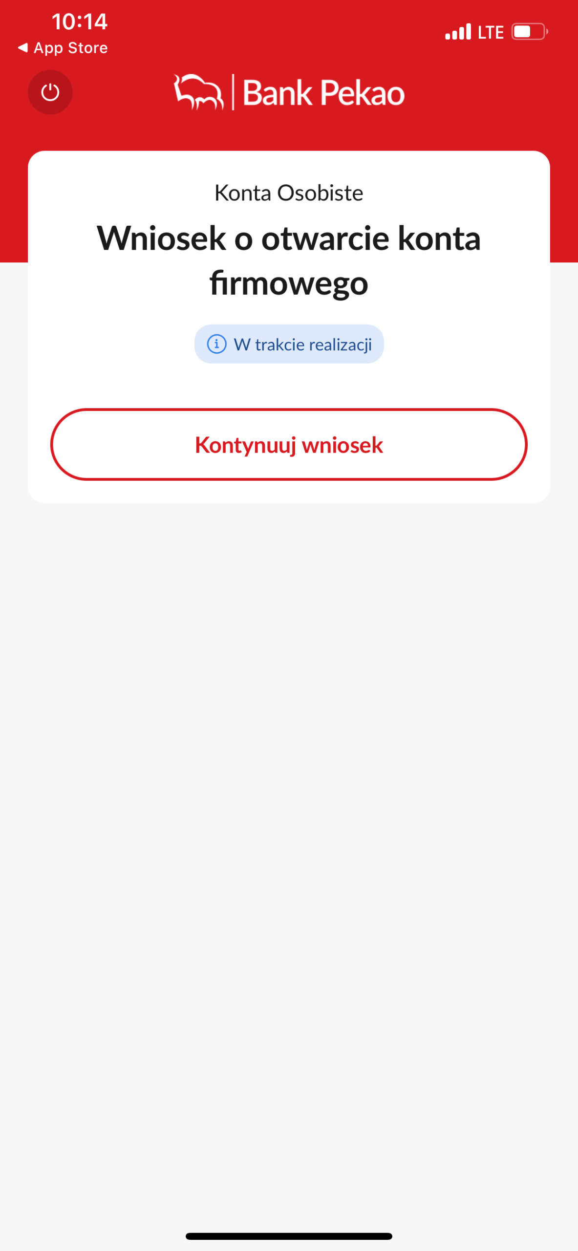 PeoPay: wniosek o otwarcie konta firmowego i przycisk Kontynuuj wniosek