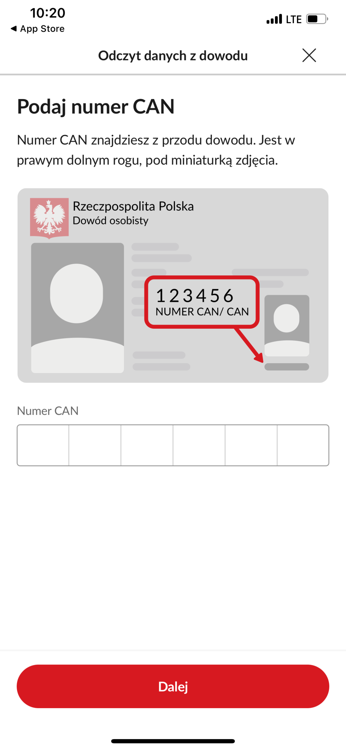 PeoPay: instrukcja odnalezienia numeru CAN i puste pole do jego wpisania