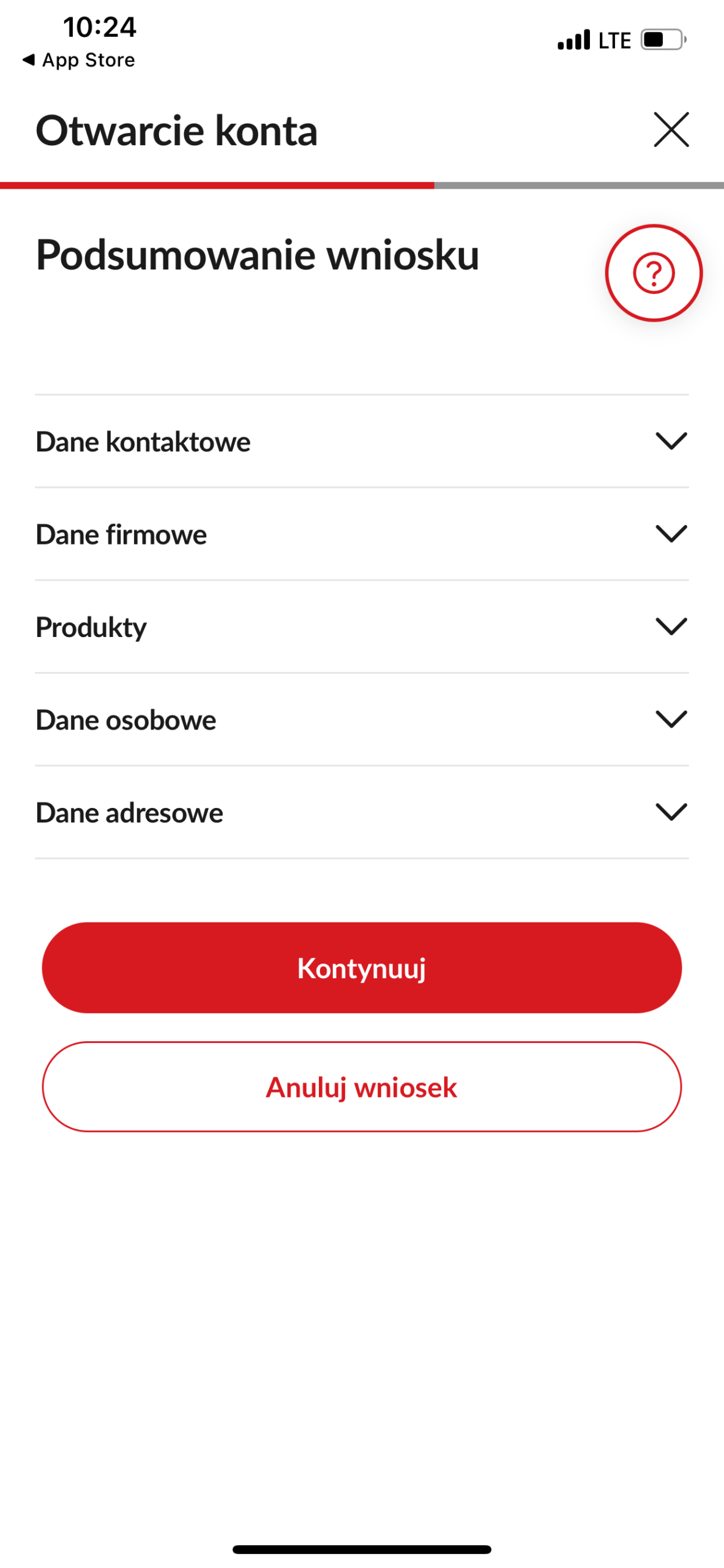 Pekao: podsumowanie wniosku z zamkniętymi sekcjami danych i produktów