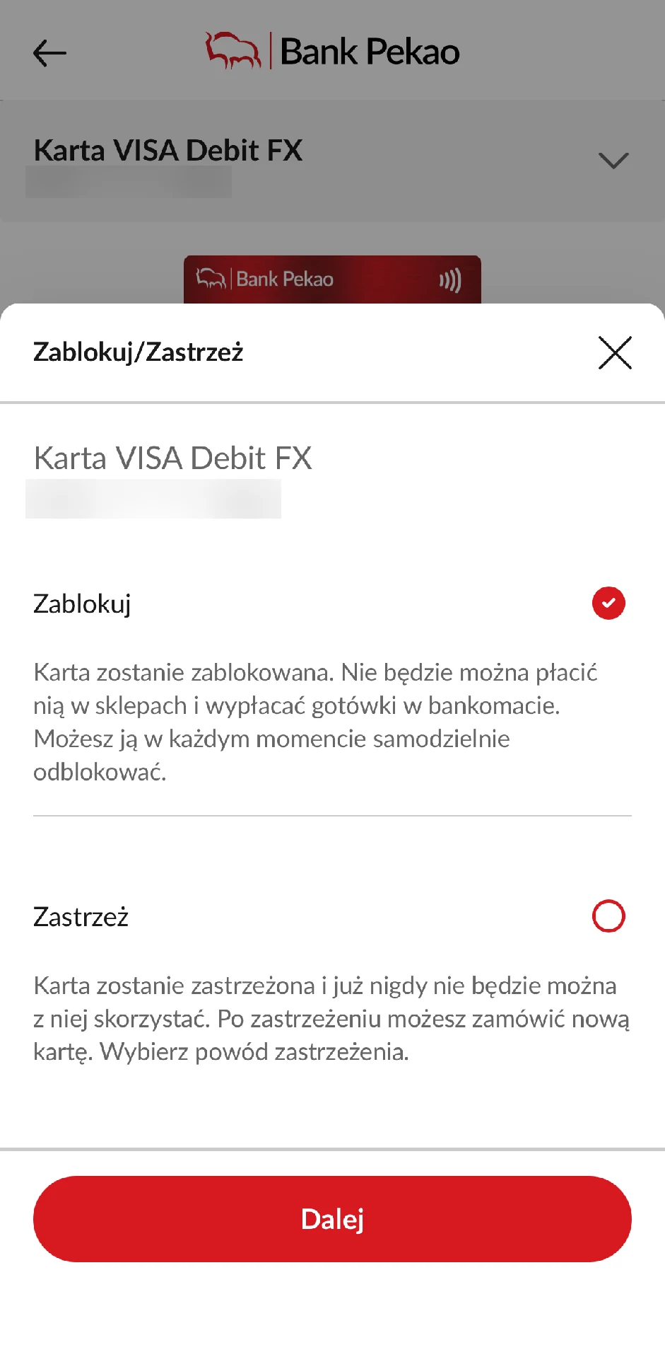 Opcje zablokowania lub zastrzeżenia karty w aplikacji PeoPay