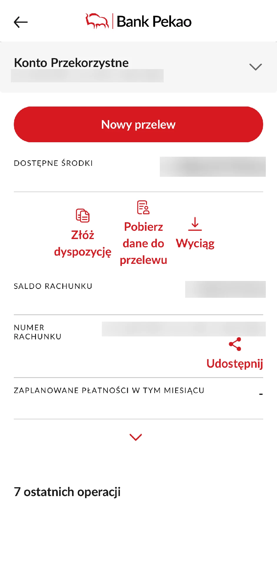 Widok Konta Przekorzystnego w aplikacji PeoPay z podstawowymi funkcjami