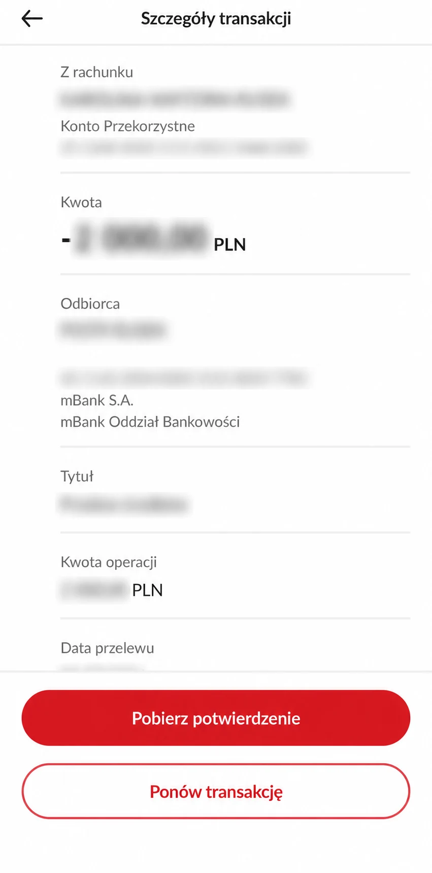 Szczegóły przelewu w aplikacji PeoPay z rozmytymi danymi rachunku, odbiorcy i kwotą