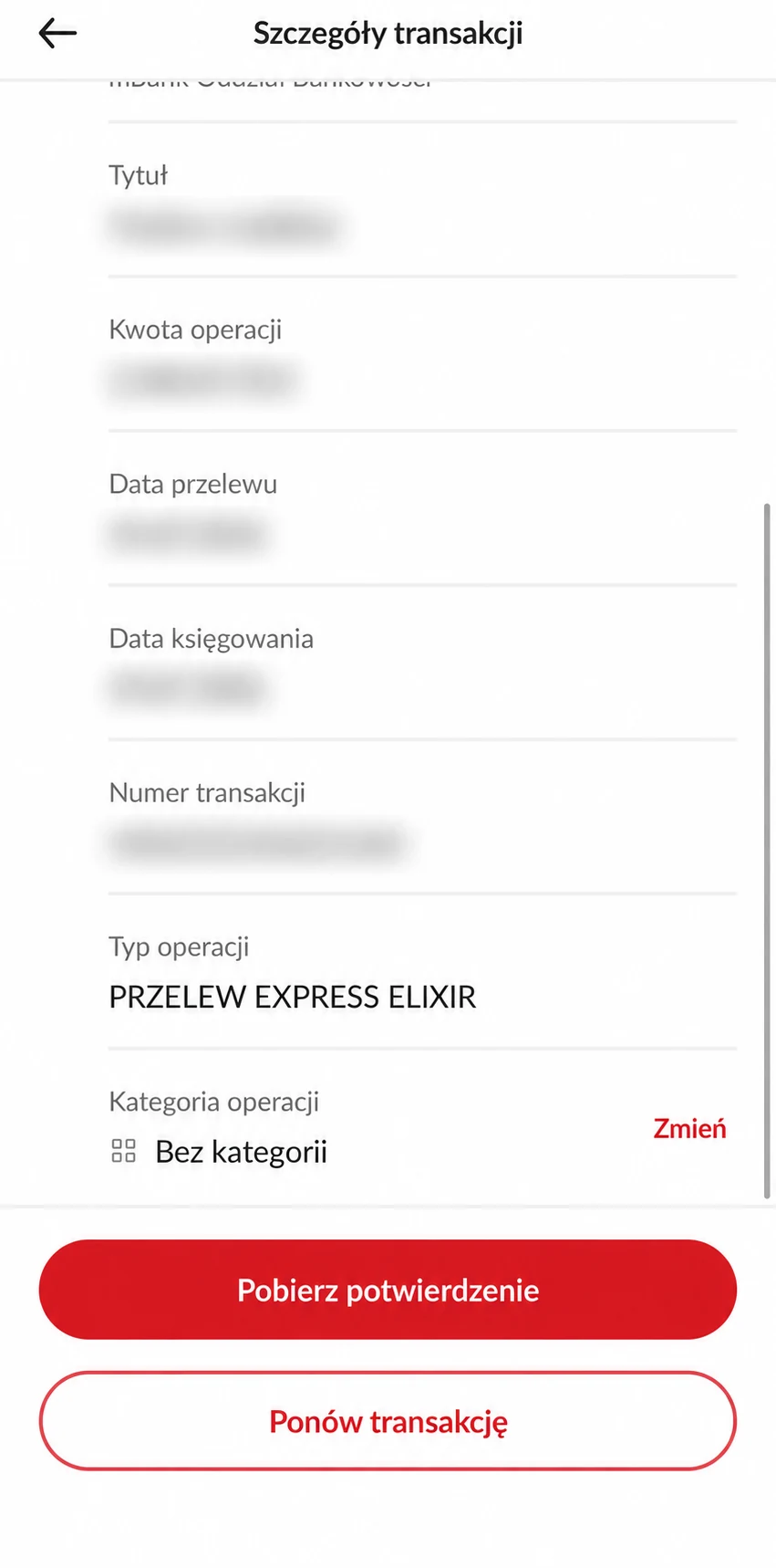 Szczegóły tej samej operacji w PeoPay z datą księgowania, typem operacji i przyciskiem pobrania potwierdzenia