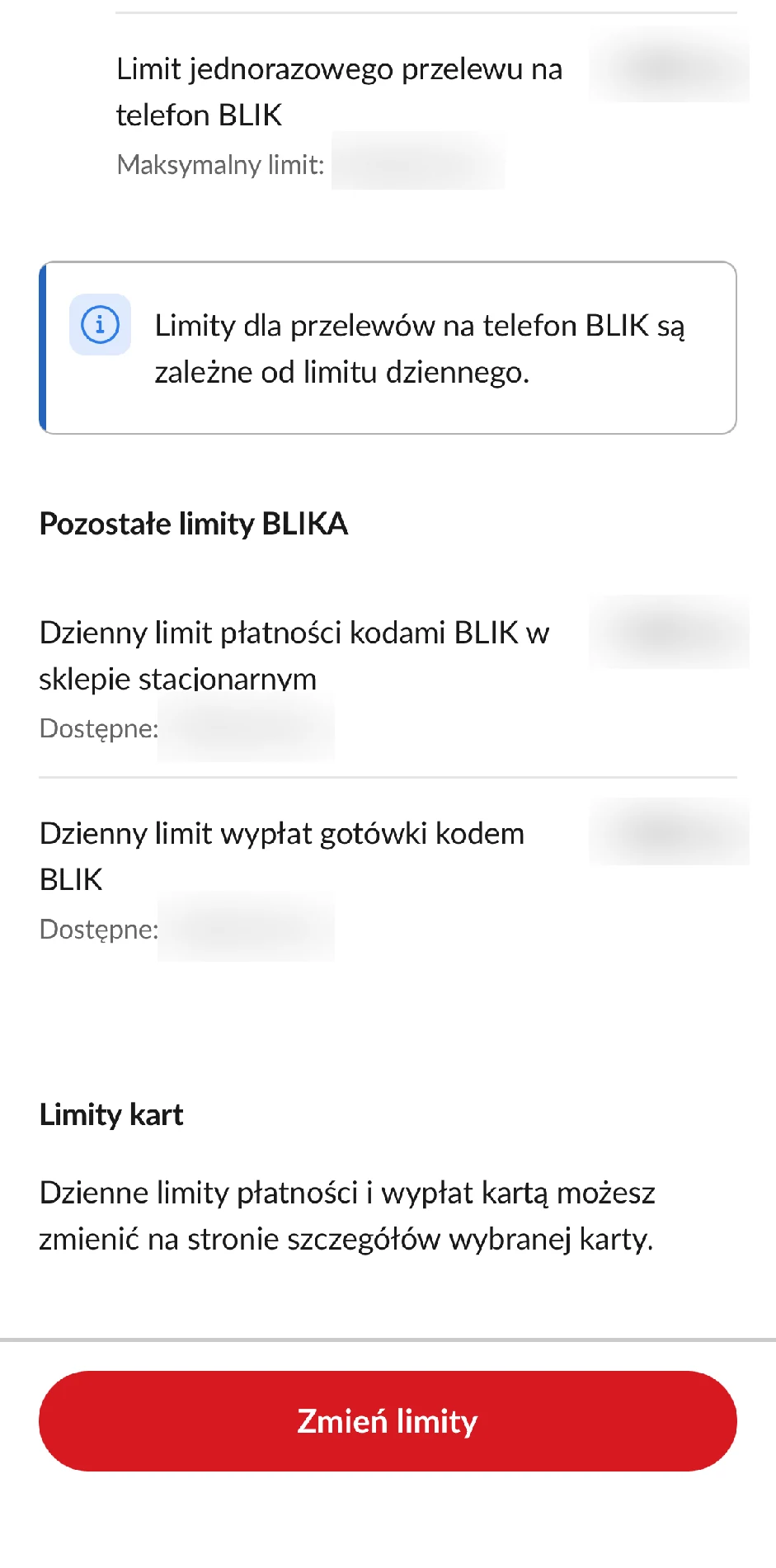 Pozostałe limity i przycisk Zmień limity w PeoPay