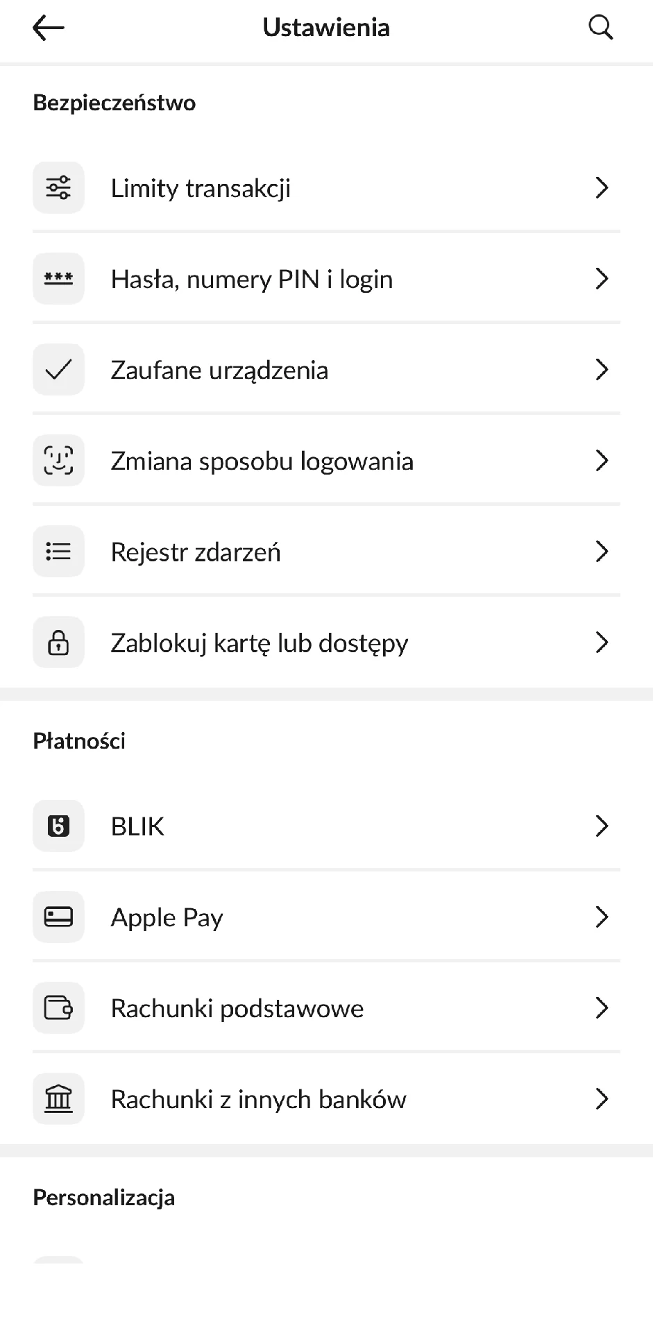 Sekcja Bezpieczeństwo z opcją Limity transakcji w PeoPay