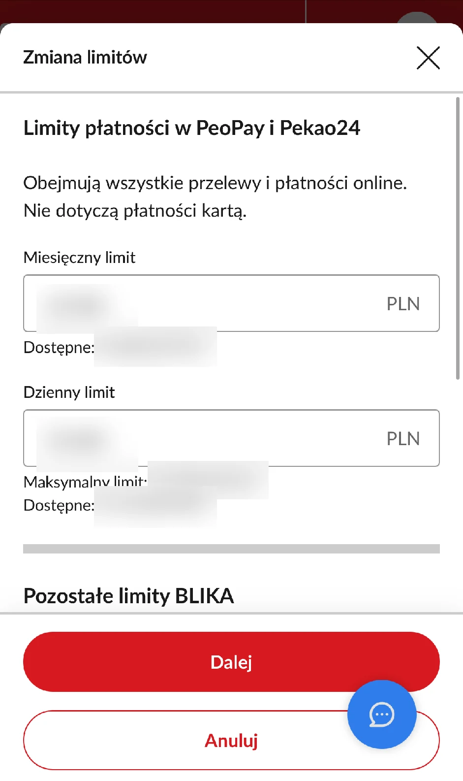 Formularz zmiany limitów przelewów w serwisie Pekao24