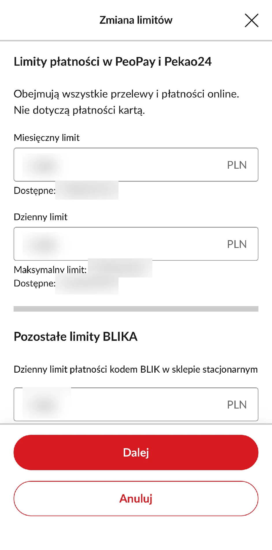 Formularz zmiany dziennego i miesięcznego limitu przelewów w PeoPay