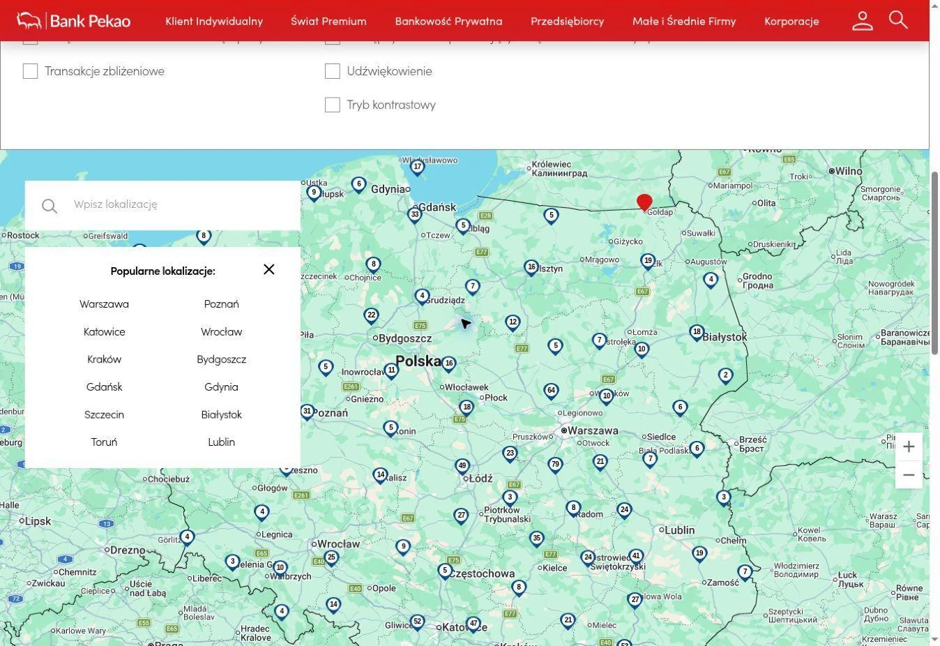 Mapa bankomatów i wpłatomatów Pekao z polem wyszukiwania miejscowości
