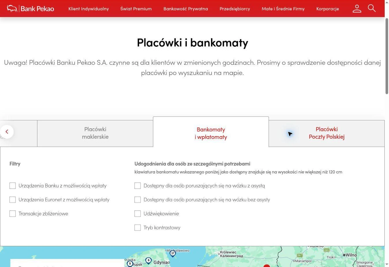 Filtry lokalizatora Pekao dla wpłatomatów banku i Euronet