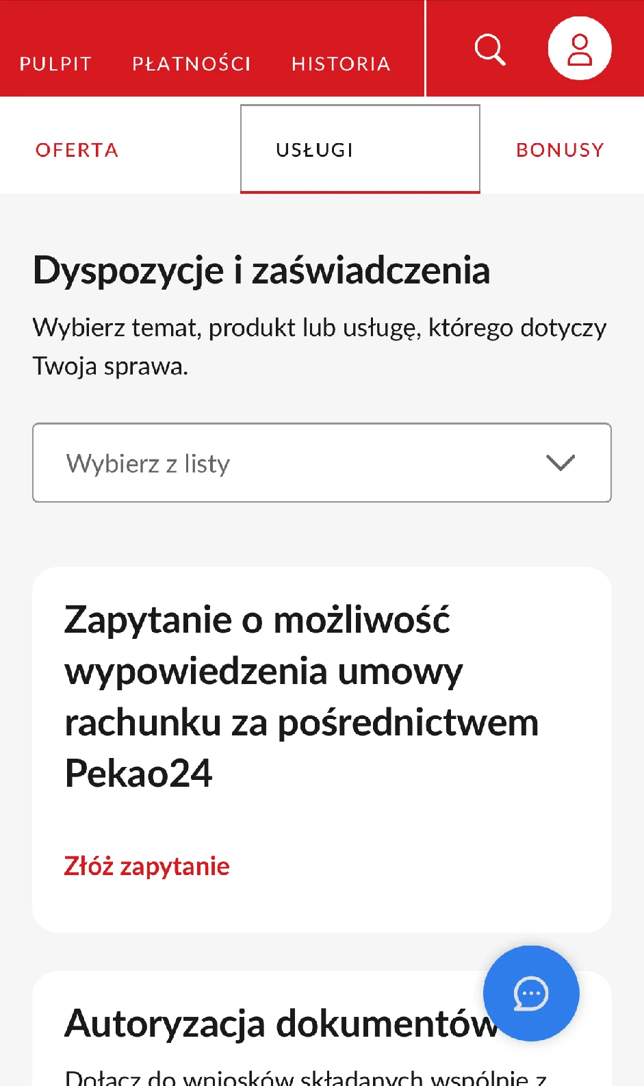 Pekao24. Usługi i zapytanie o możliwość wypowiedzenia rachunku