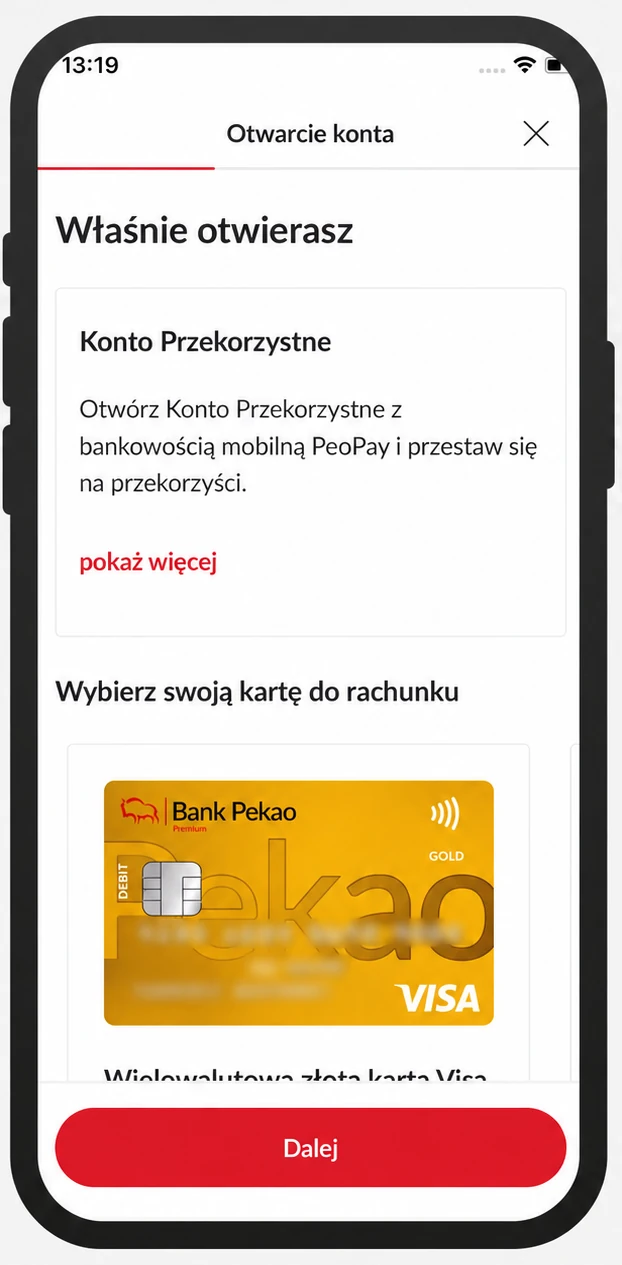 Wniosek PeoPay. Konto Przekorzystne i wybór karty do rachunku
