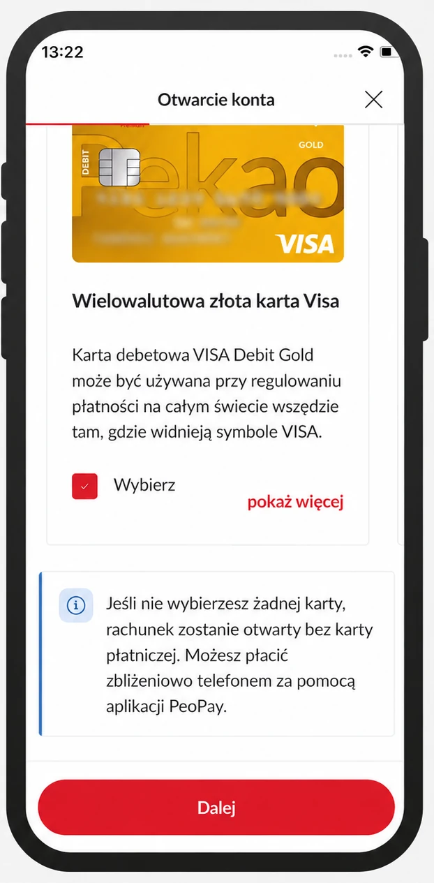 Wniosek PeoPay. Opcja złotej karty oraz informacja o rachunku bez karty