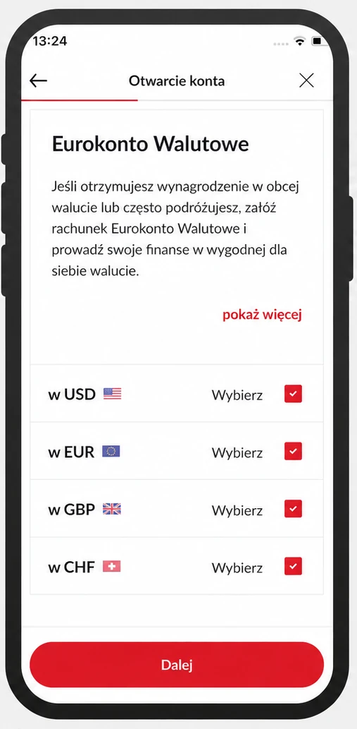 Wniosek PeoPay. Wybór walut rachunku dodatkowego
