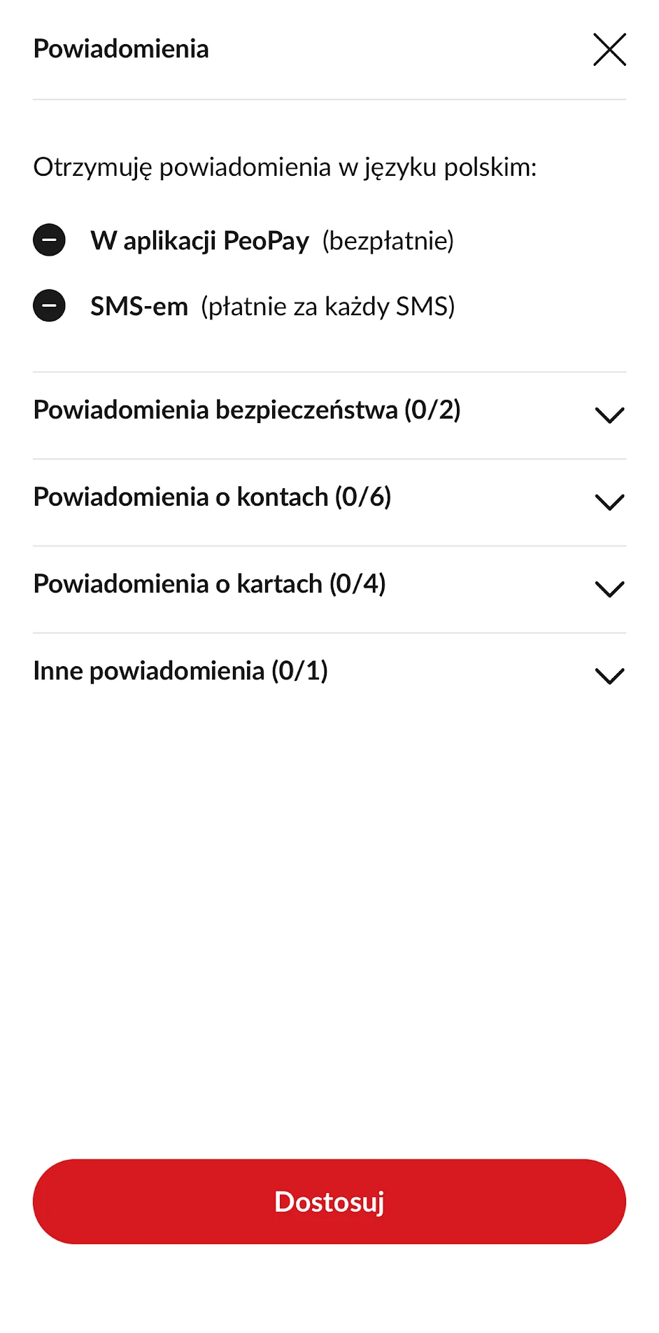 PeoPay. Ustawienia bezpłatnych powiadomień w aplikacji i płatnych SMS