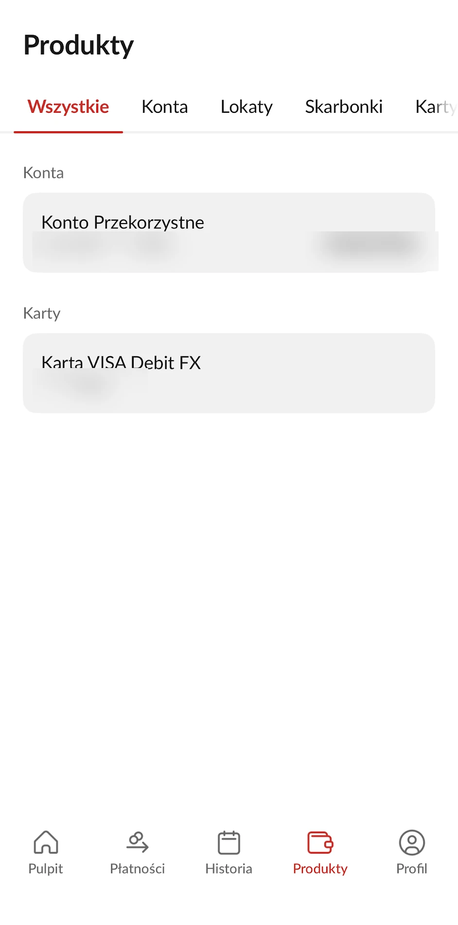 PeoPay. Lista kont i kart w zakładce Produkty