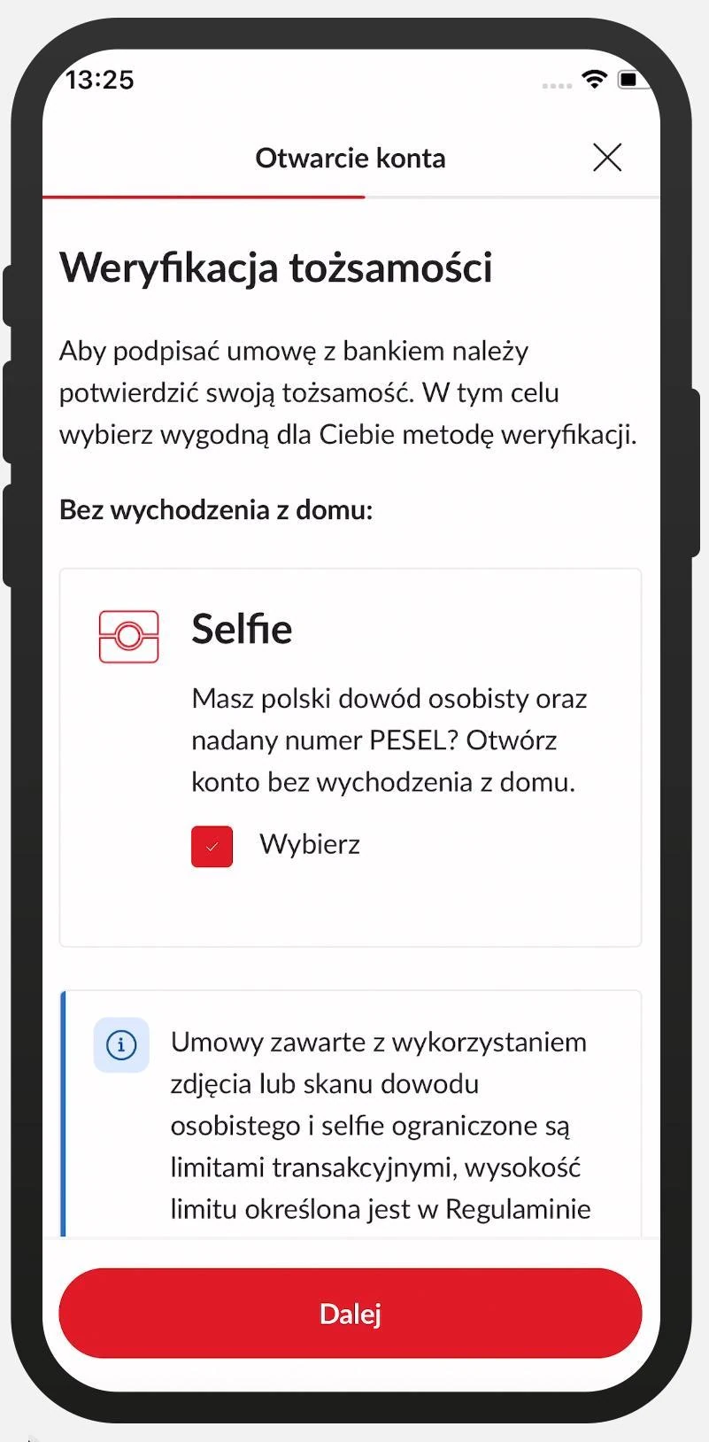 Wniosek PeoPay. Wybór weryfikacji tożsamości przez selfie