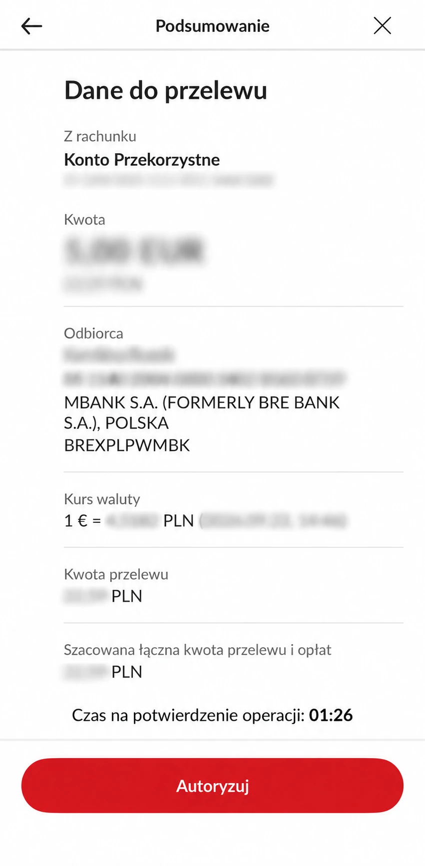 PeoPay. Podsumowanie przelewu walutowego i przycisk Autoryzuj