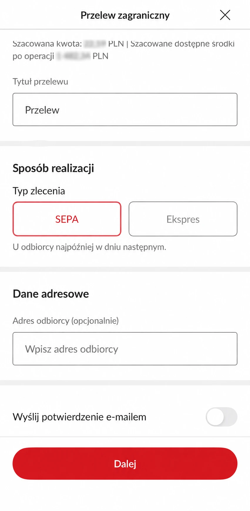PeoPay. Wybór trybu SEPA i tytułu przelewu