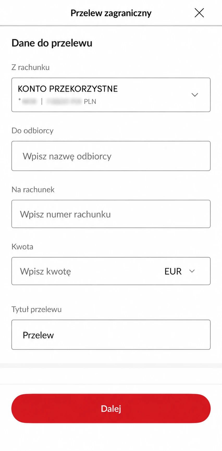 PeoPay. Rachunek źródłowy, odbiorca i kwota przelewu zagranicznego